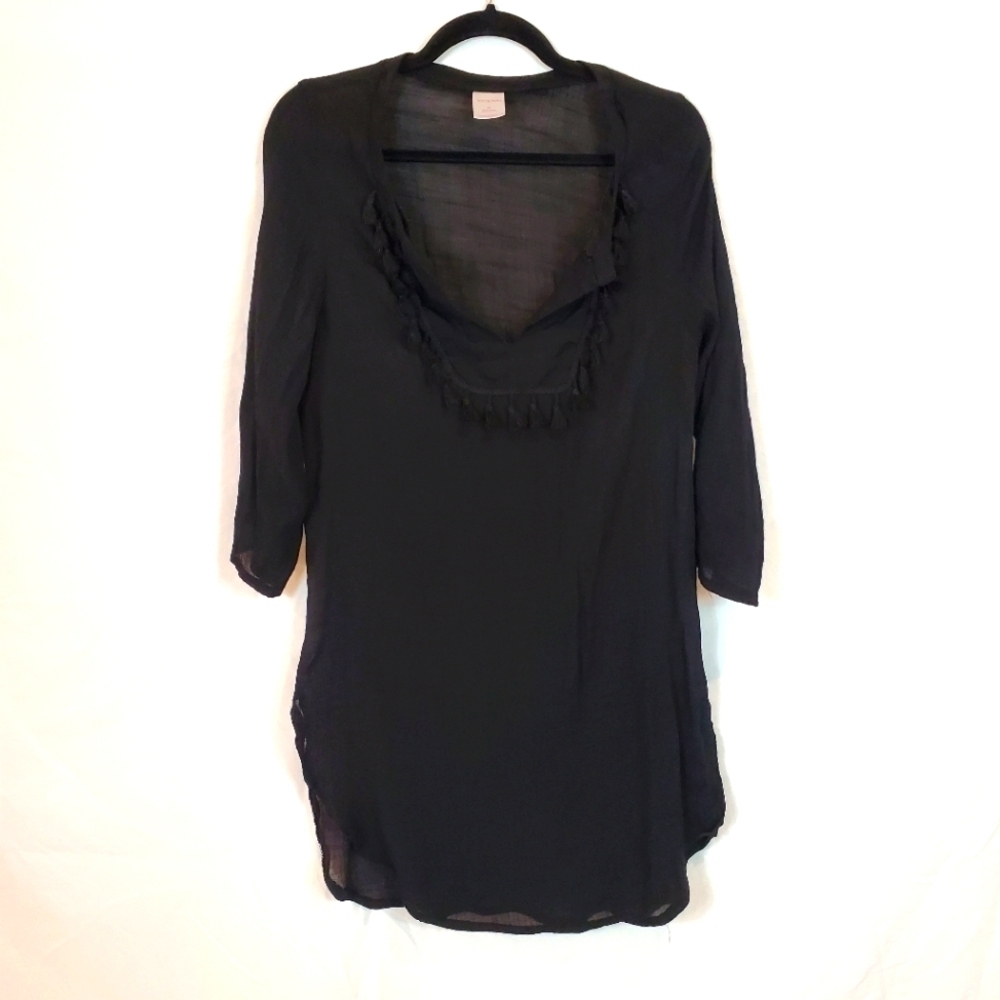 Merona Black Lightweight Swim Coverup/ Tunic with fringe details size medium